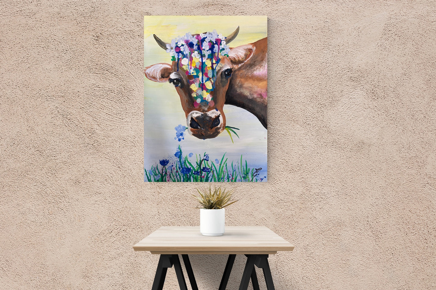 Bunte Kuh mit Blumen